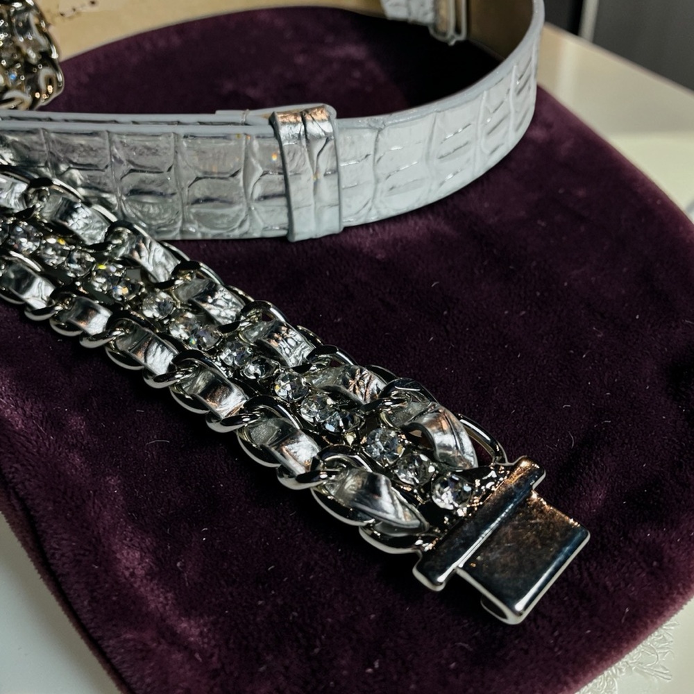 Chico's Metallic Silver Croc-Embossed Belt/ Multi Strand Rhinestone Chain Sz M/L